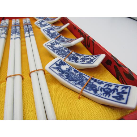 NEW with Gift Box Dragon Chopsticks Porcelain China Blue White Four Sets w Rests - Picture 6 of 12